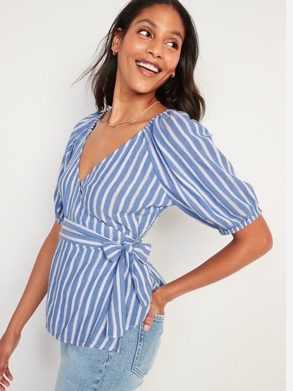 OLD NAVY Striped Puff Sleeve Wrap Blouse Blue White Medium Cotton Coastal Breezy